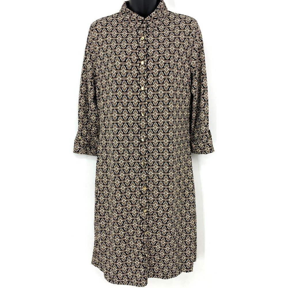 Charter Club Women Shift Shirt Dress Medium M Brown Button Collar 3/4 Sleeve